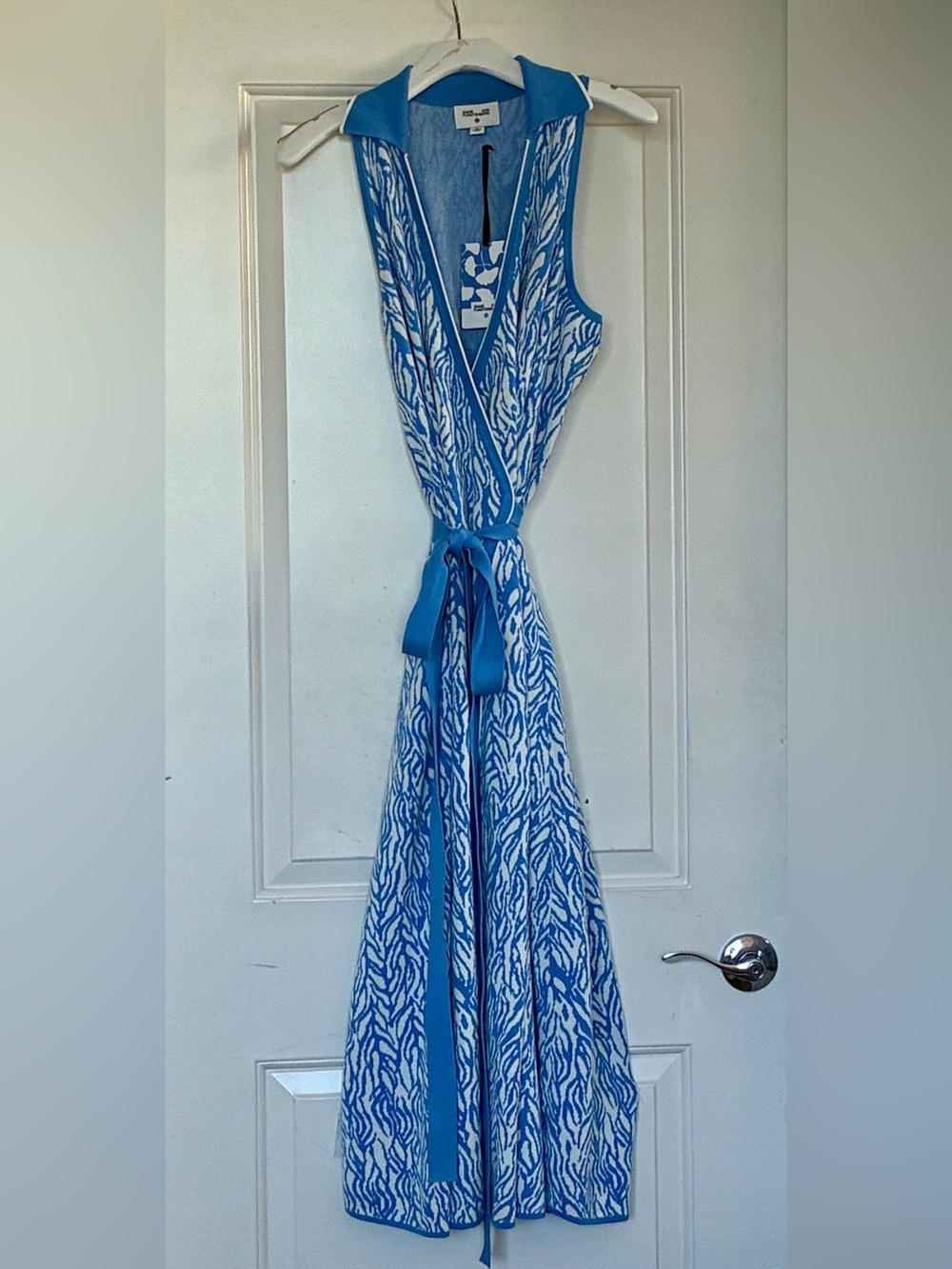 Diane Von Furstenberg Blue and White Sleeveless Wrap Dress
